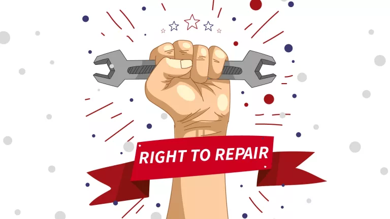 A fair skin-toned hand holding a wrench and showing Right to Repair India